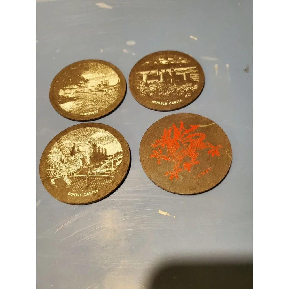 WELSH SLATE COASTERS Polished Set of 4 Harlech Cymru Llanrwst Conway Castle Hand